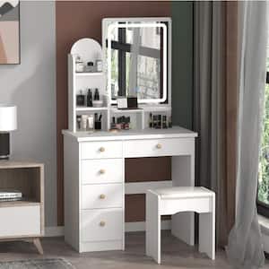 5-Drawers White Makeup Vanity Sets Dressing Table Sets With Stool, Mirror, LED Light and 3-Tier Storage Shelves