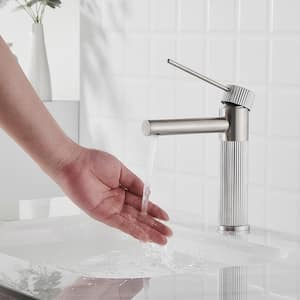 Single Hole Single Handle Mid-Arc Bathroom Faucet with Pop Up Drain in Brushed Nicke