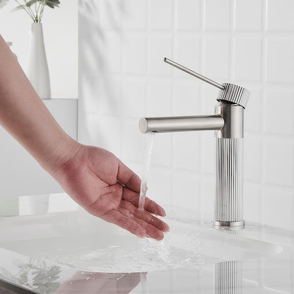 Single Hole Single Handle Mid-Arc Bathroom Faucet with Pop Up Drain in Brushed Nicke