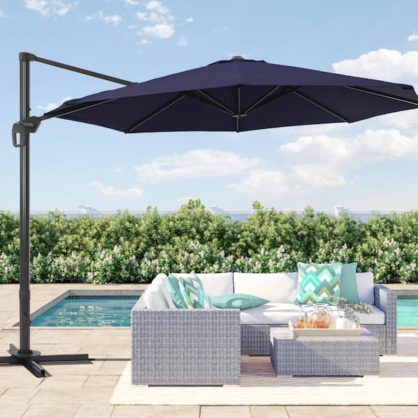 11 ft. Aluminum Cantilever Patio Umbrella Outdoor Offset Hanging 360° Rotation in Navy Blue