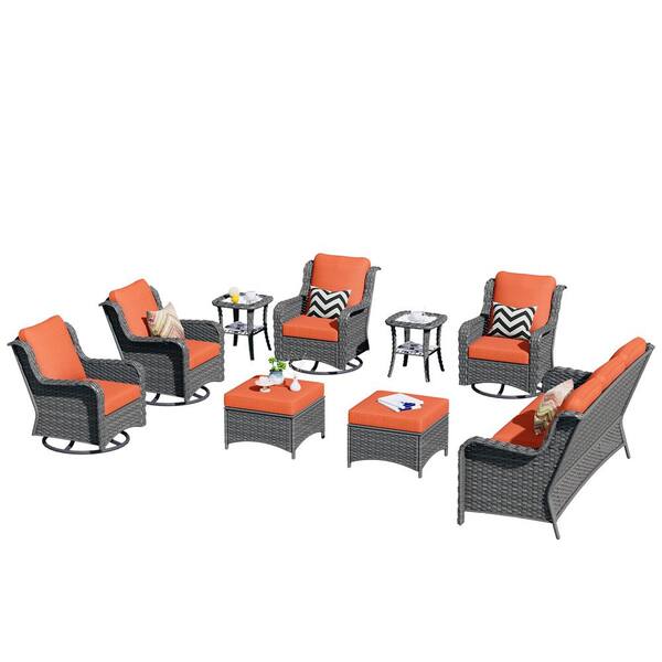OVIOS Janus Gray 9-Piece Wicker Patio Conversation Seating Set with Orange Red Cushions and Swivel Chairs