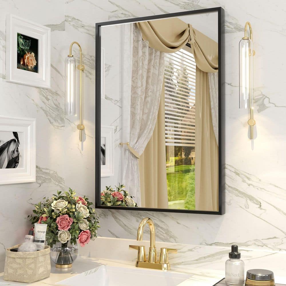 20 in. W x 28 in. H Rectangular Aluminum Alloy Framed and Tempered Glass Wall Bathroom Vanity Mirror in Matte Black price history on PriceWatchPro