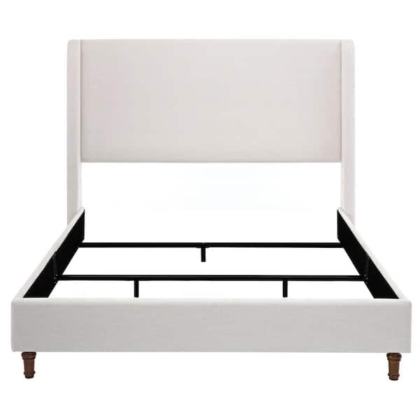 Milo Modern Ivory White Canvas Fabric Upholstered Metal Frame King Size Platform Bed with Wingback Headboard