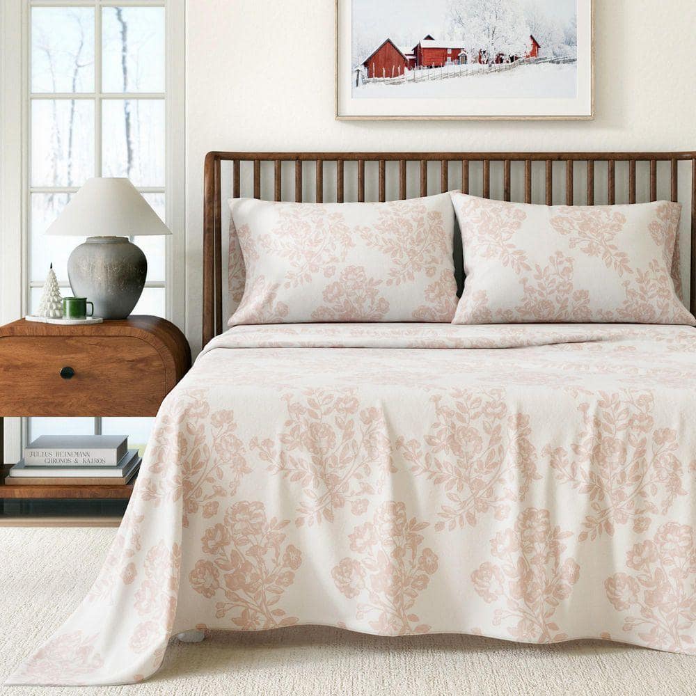 FRESHFOLDS Turkish Cotton Winter Floral Printed Flannel Sheet Set, Twin, Toile-Blush Pink