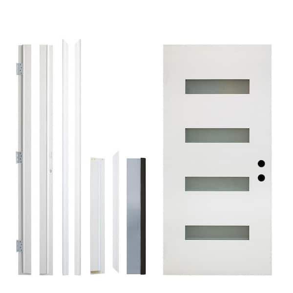 36 in. x 80 in. Fiberglass Entry Door, 4-Lite Frosted Glass, Left Hand Inswing,Kit with Quick Assemble Jamb,White Finish