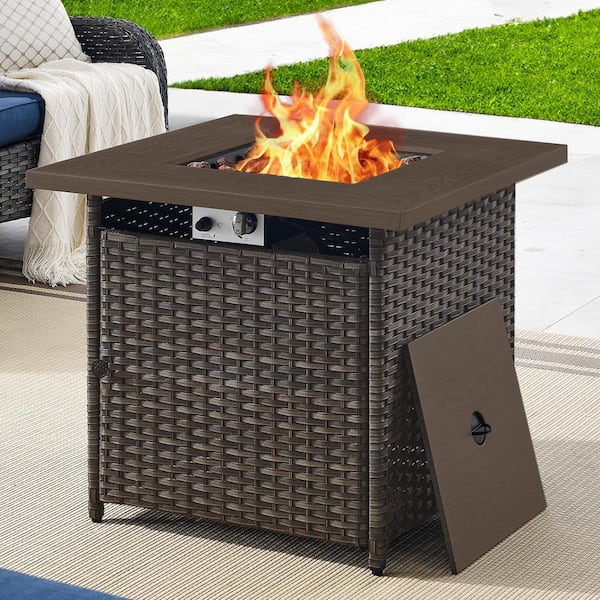 30 in. 50000 BTU Rectangular Brown Rattan Propane Outdoor Fire Pit Table with Lava Stone