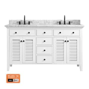 Fallworth 61 in. W x 22 in. D x 35 in. H Double Sink Freestanding Bath Vanity in White with Carrara Marble Top