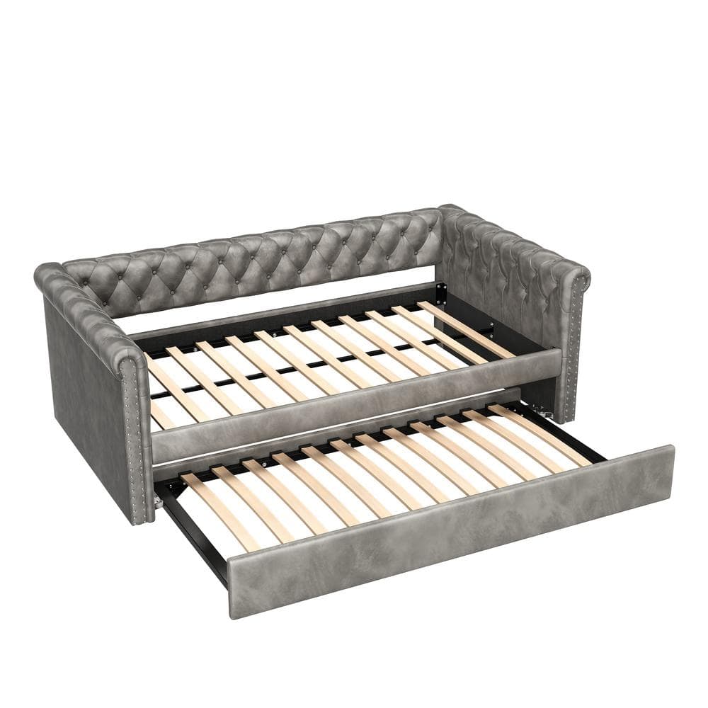 Gray Velvet Upholstered Twin Daybed with Trundle and Nailhead Trim