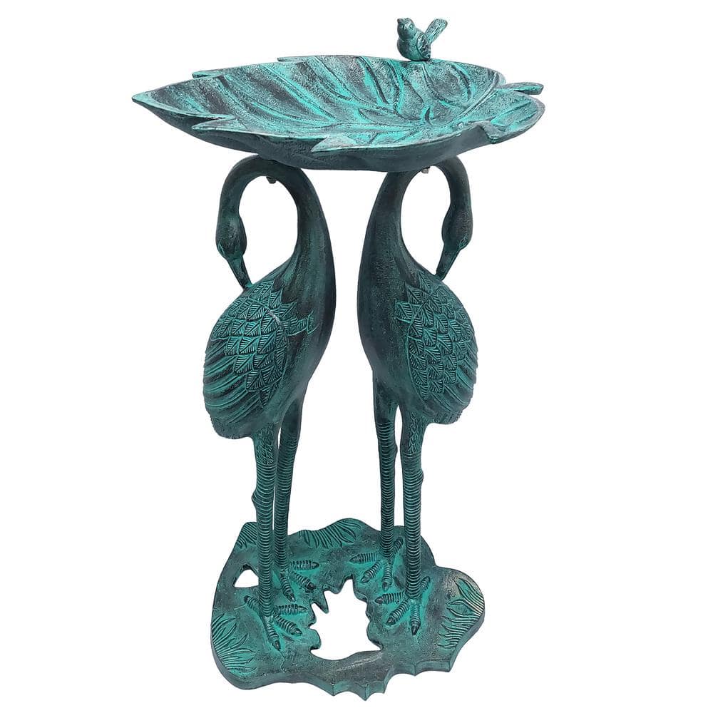 Cast Aluminum Twin Crane Bird Bath with Leaf Bowl in Black Patina