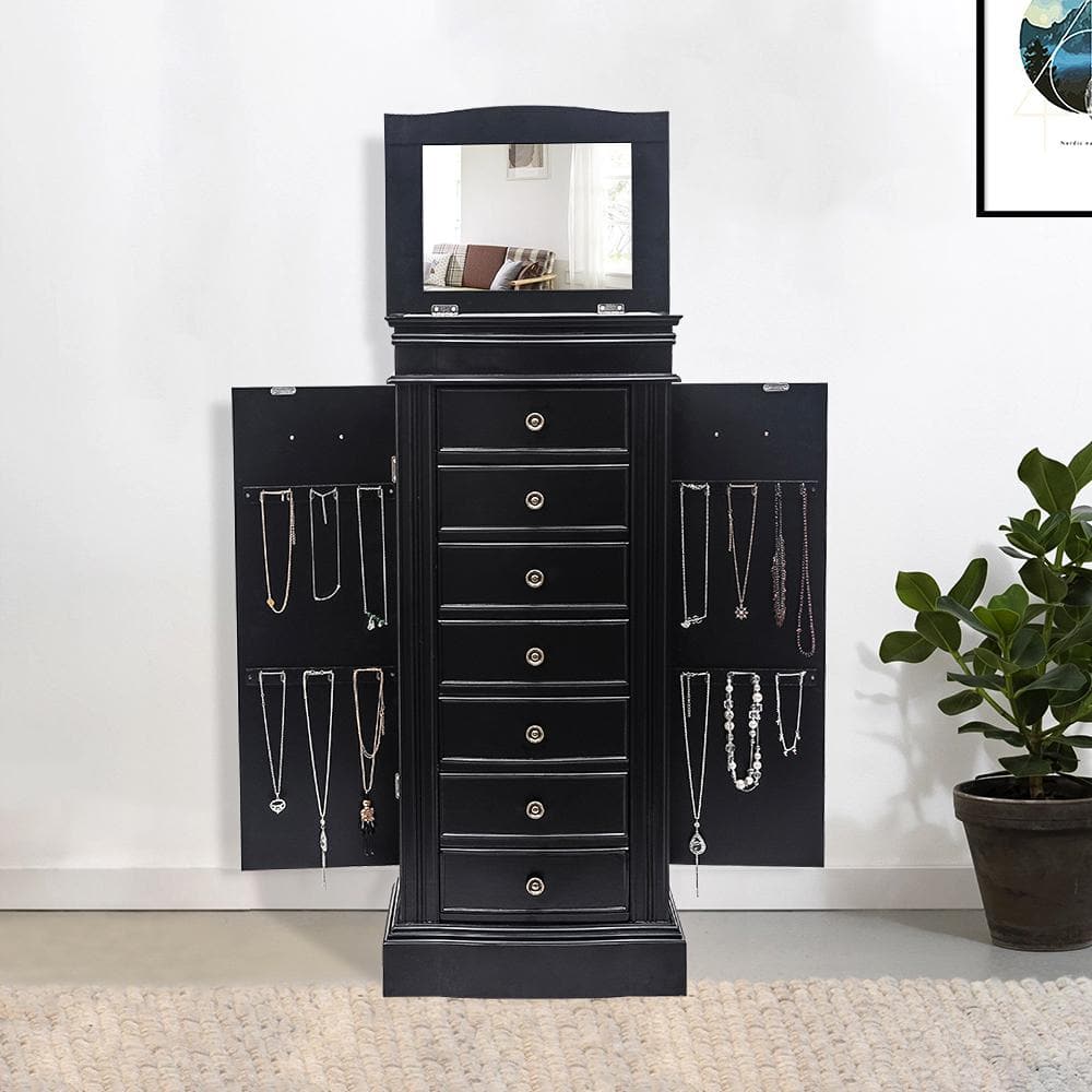 Black MDF Freestanding Jewelry Armoire with Mirror and 7 Drawers