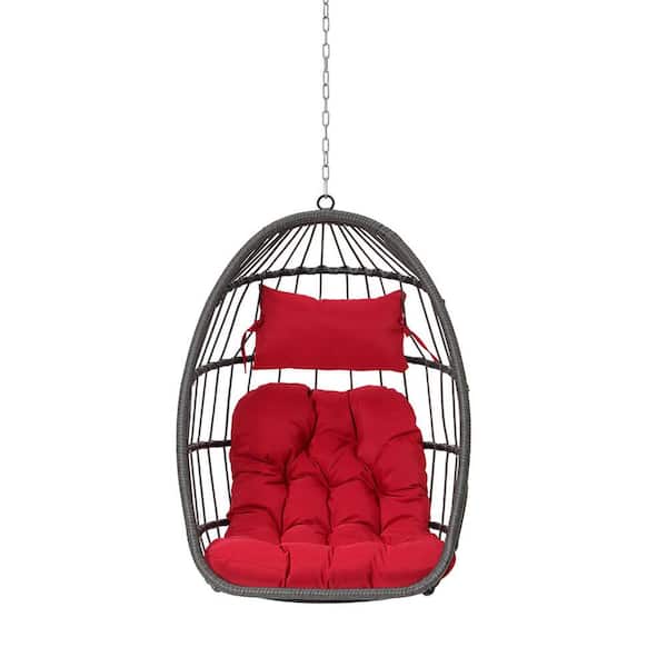 Sudzendf Modern Outdoor Garden Wood Rattan Egg Swing Chair Hanging Chair Porch Swing with Red Cushion