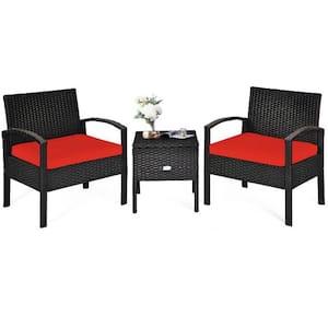 Black 3-Piece Wicker Outdoor Bistro Set with Red Cushions