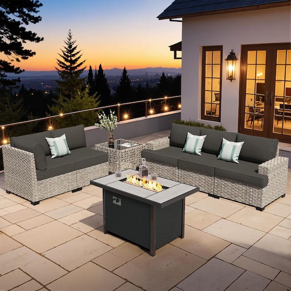 XIZZI Echelon 7-Pieces Wicker Outerdoor Patio Rectangular Fire Pit Set with Black Cushions