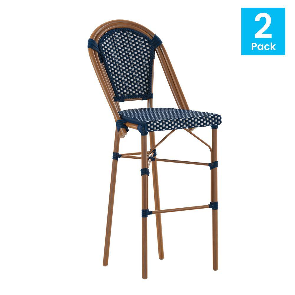 Navy and White Woven Metal Frame Bar Stools, Set of 2
