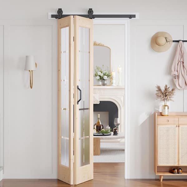 36 in. x 84 in. Full Lite Pre-Assembled Frosted Glass Solid Core Brown Wood Bi-fold Door with Hardware