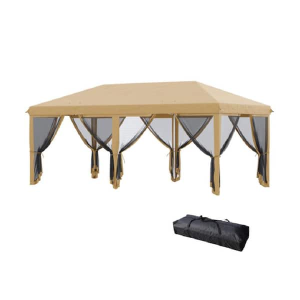 10 ft. x 20 ft. Outdoor Steel Event/Party Pop Up Tent Canopy with Netting in Beige