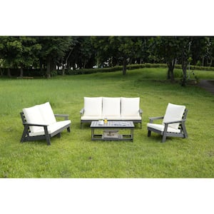 Gray HIPS Wood Grain Outdoor Garden Sofa, 3-Seater Sectional Set with Beige Cushions