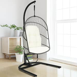 42 in.W 1-Person Gray Wicker Egg Swing  Chair with Stand and Beige Cushions