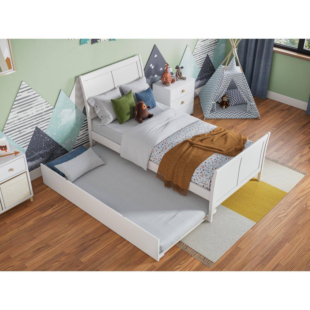White Twin Solid Wood Platform Bed with Trundle and Headboard