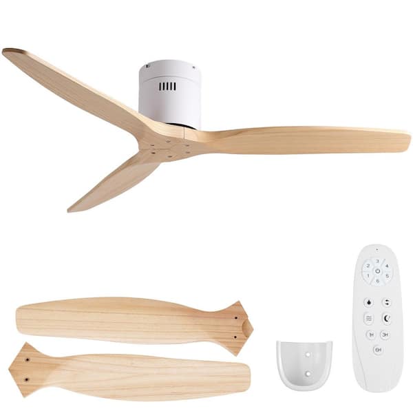 Elysian 52 in. Indoor White Flush Standard Ceiling Fan without Light, Remote Control Included and Light Wood Blades