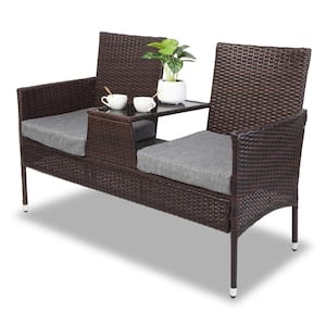 All Weather Brown Wicker Outdoor Loveseat with Gray Cushions