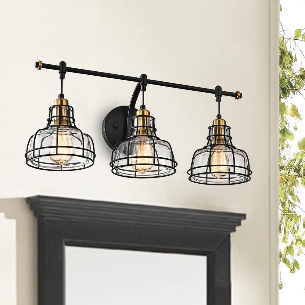 Edvivi Paris 3-Light Industrial Black and Antique Gold Vanity with ...