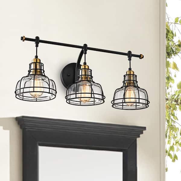 Edvivi Paris 3-Light Industrial Black and Antique Gold Vanity with Clear Glass Shades and Black Cage