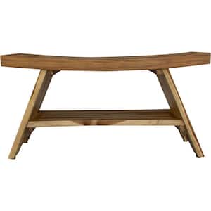 Caroline Natural Compact Curvilinear Teak Shower Outdoor Bench with Shelf 19 in. x 14 in. x 35 in.