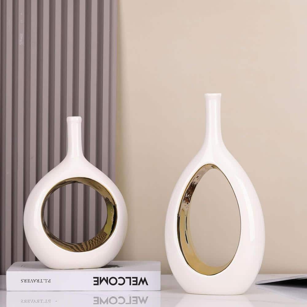 White and Gold Ceramic Cylinder Decorative Vase Set