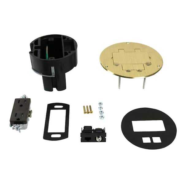Legrand Wiremold Dual Service Floor Box Kit with 15 Amp Receptacle and 1 RJ45 Cat 5e Jack, Coax F Jack, Brass Cover