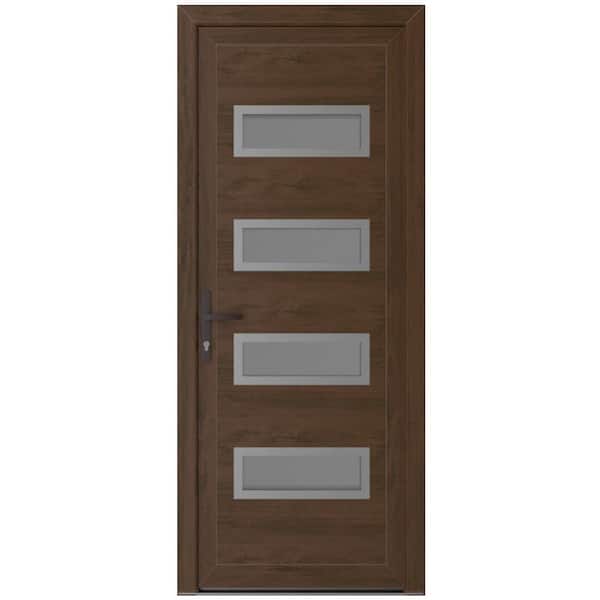 32 in. x 80 in. Right-hand/Inswing Frosted Glass Walnut Steel Prehung Front Door with Hardware