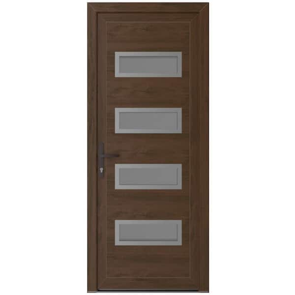 36 in. x 80 in. Right-hand/Inswing Frosted Glass Walnut Steel Prehung Front Door with Hardware