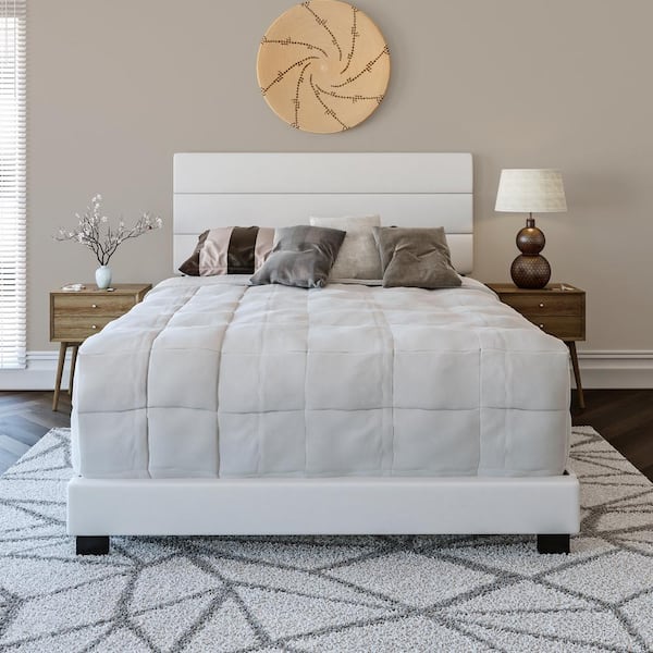 Boyd Sleep Napoli Upholstered Faux Leather Tri Panel Channel Headboard Platform Bed Frame, King, White