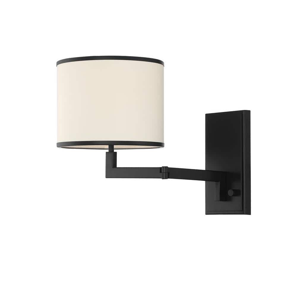 Matte Black Iron Swing Arm Wall Sconce with Silk Shade