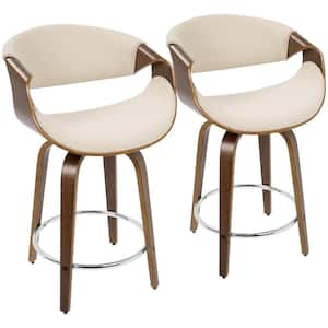 Curvini 34.5 in. Cream Fabric and Walnut Wood Low Back Counter Height Bar Stool with Round Chrome Footrest (Set of 2)
