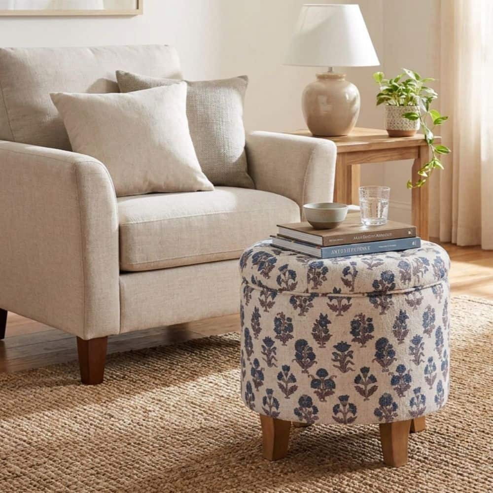 Blue Floral Pattern Fabric Round Ottoman with Storage