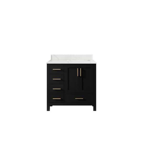 Willow Collections Malibu 36 in. W x 22 in. D x 36 in. H Right Offset Sink Bath Vanity in Black with 1.5 in. Calacatta Laza Top