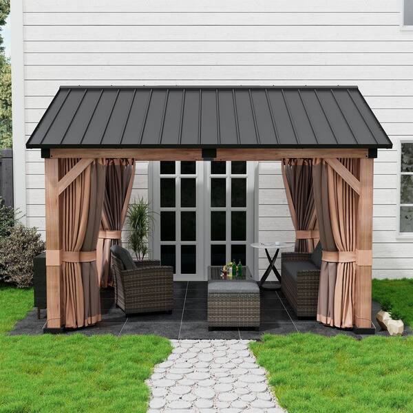 11 ft. x 13 ft. Wood Grain Galvanized Steel Roof Gazebo with Mosquito Netting, Curtains and Ceiling Hook