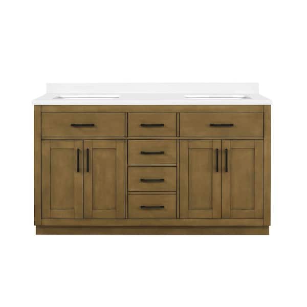 Bailey 60 in. Double Sink Almond Latte Bath Vanity with White Quartz Top and Integrated Power Outlet (Assembled)