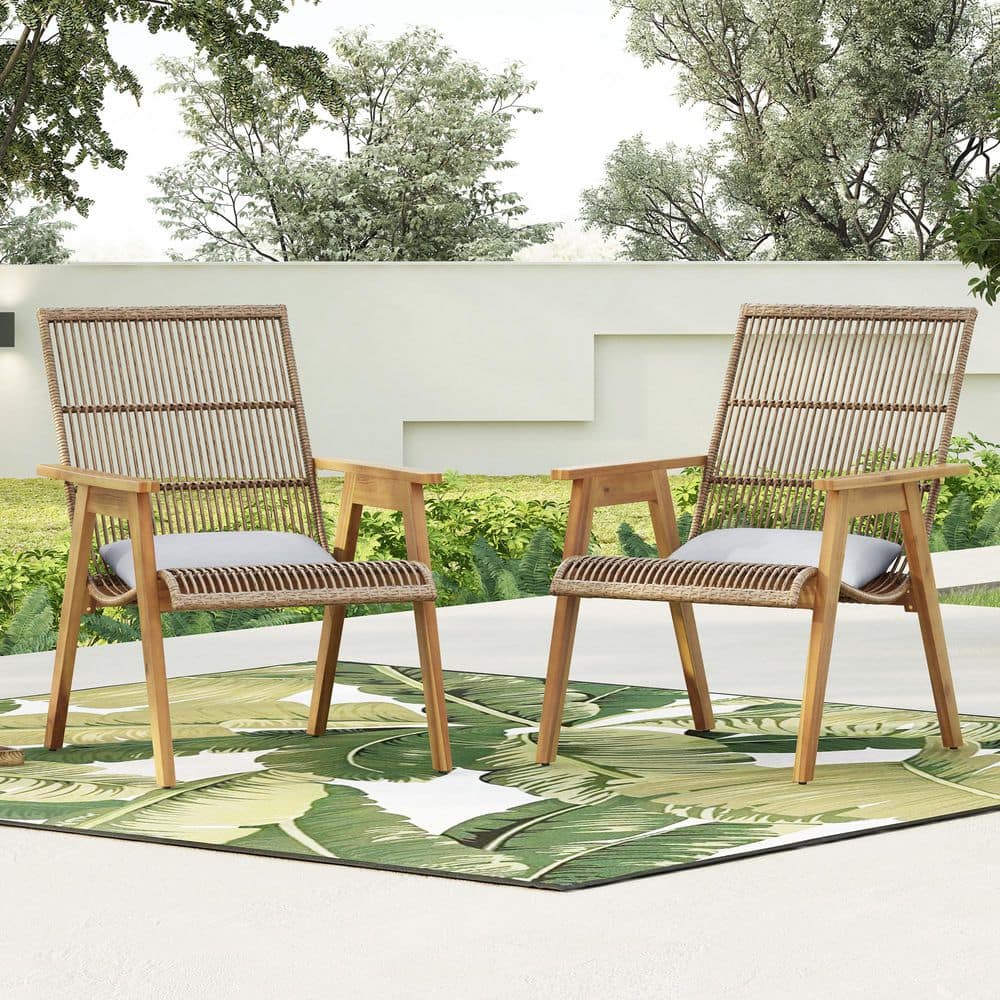 Outdoor Acacia Wood 2-Piece Lounge Set, Woven Wicker Large Lounge Chair wit