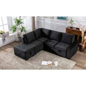 87.4 in. L-Shape Velvet Sectional Sofa in. Black 5-Seat Sofa Bed with 2-USB, Storage Ottoman and Hidden Storage Arm