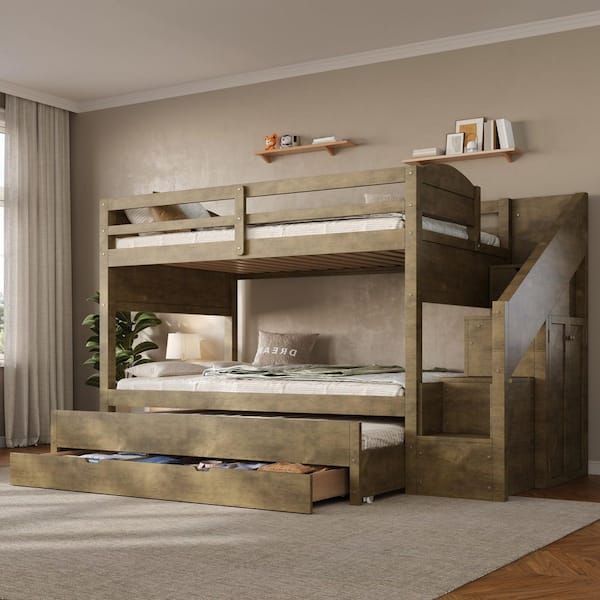 Walnut Twin XL Over Twin XL Bunk Bed with Trundle and and Three Storage Drawers