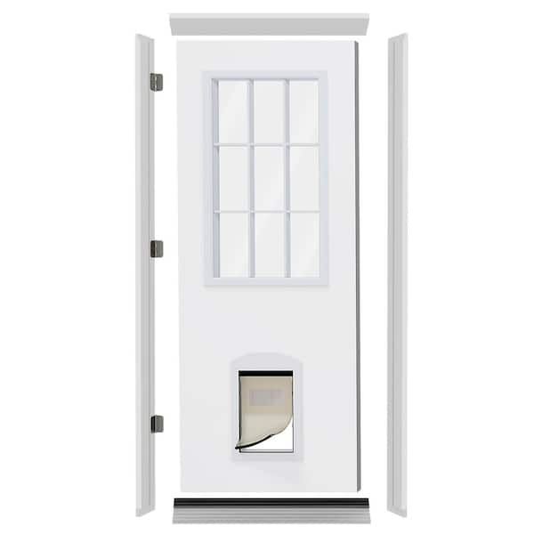 30 in. x 80 in. 9-Lite Clear Glass Pre-hung Front Door with Dog Door, Door Header, Legs (Pre-installed Hinge Kit), &Sill