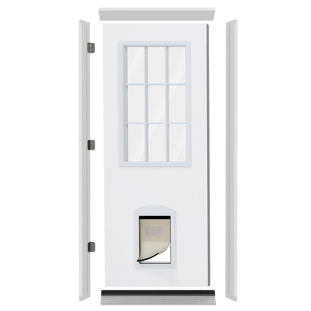 36 in. x 80 in. 9-Lite Clear Glass Pre-hung Front Door with Dog Door, Door Header, Legs (Pre-installed Hinge Kit) & Sill price history on PriceWatchPro