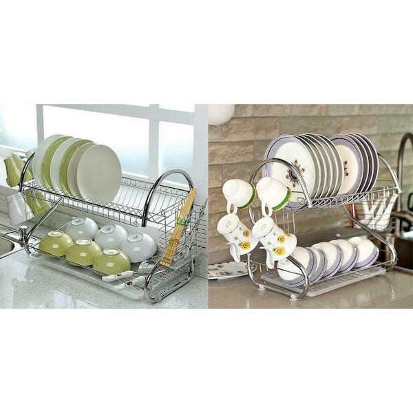 1/2 Layer Tier Stainless Steel Dish Drainer Cutlery Holder Rack Drip Tray  Kitchen Tool for Single Sink