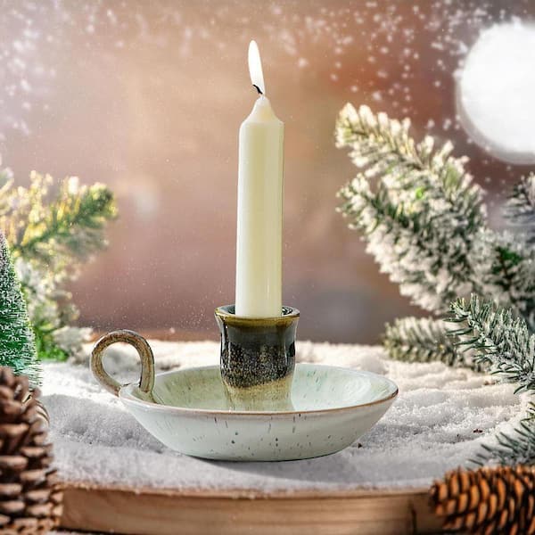 ジャスパー　キャンドルホルダー ペア　グリーン　イギリス Green Ceramic Taper Candlestick Holder 2-Pack with White Handle