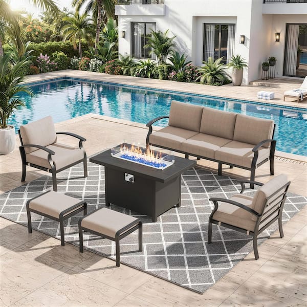5-Piece Aluminum Outdoor Patio Conversation Set with armrest, 55000 BTU Propane Firepit Table and Sand Cushions