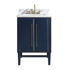 Mason 25 in. W x 22 in. D Bath Vanity in Navy Blue/Gold Trim with Marble Vanity Top in Carrara White with White Basin
