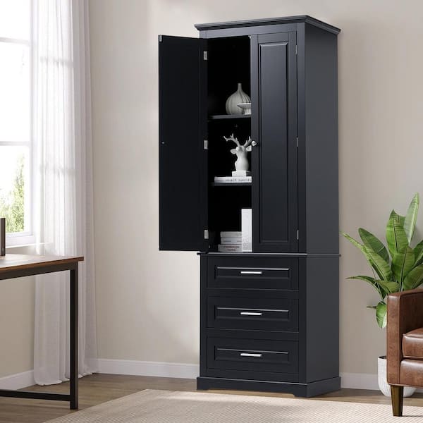 15.70 in. W x 24.00 in. D x 70.00 in. H Tall Black Linen Cabinet with Drawers in Black