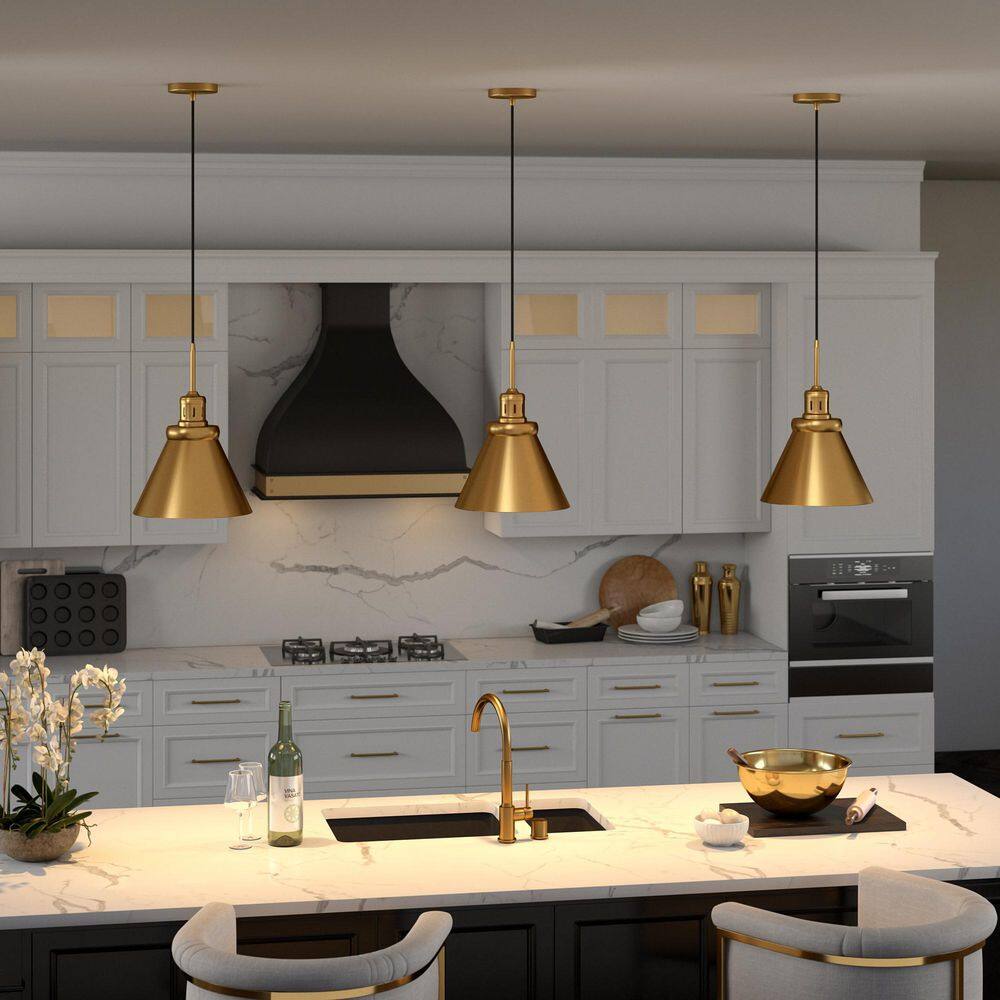Retro-Inspired 12" Brushed Brass Cone-Shaped Pendant Light